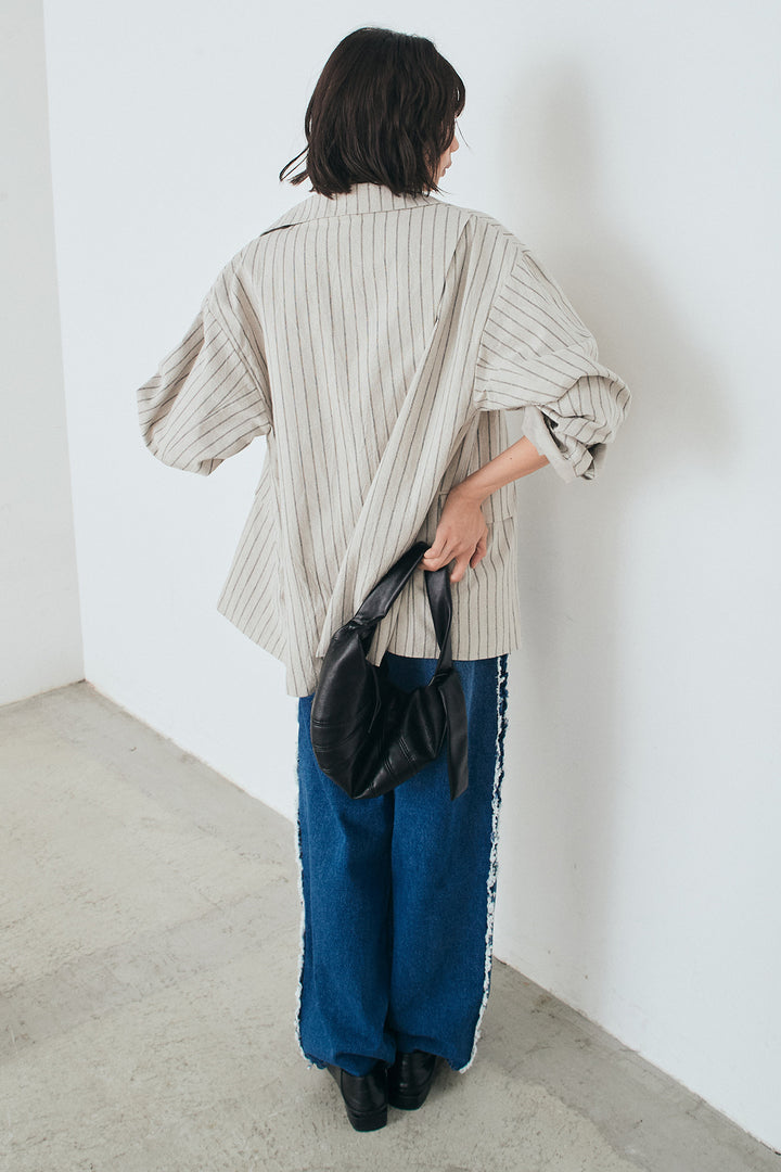 [SET]リネンライクストライプテーラードジャケット+デニムサイドフリルパンツ(2set)
