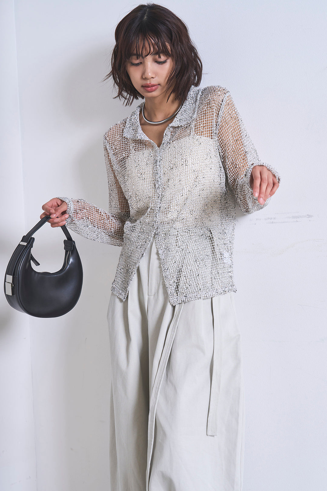 [SET]ネップメッシュポロ襟カーディガン+紐ベルト付きカーブワイドパンツ(2set)