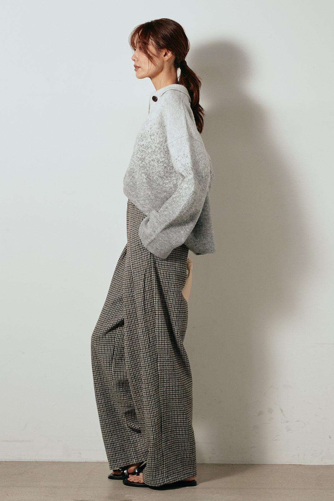 [SET]グラデーションラメニットキーネックプルオーバー+ガンクラブチェックタックパンツ(2set)