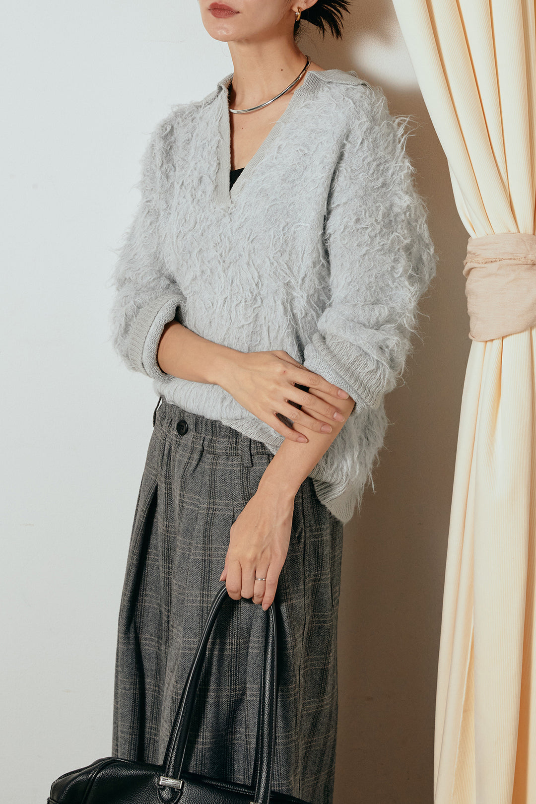 [SET]襟付きシャギーニットポロトップス+タータンチェック柄タックパンツ(2set)