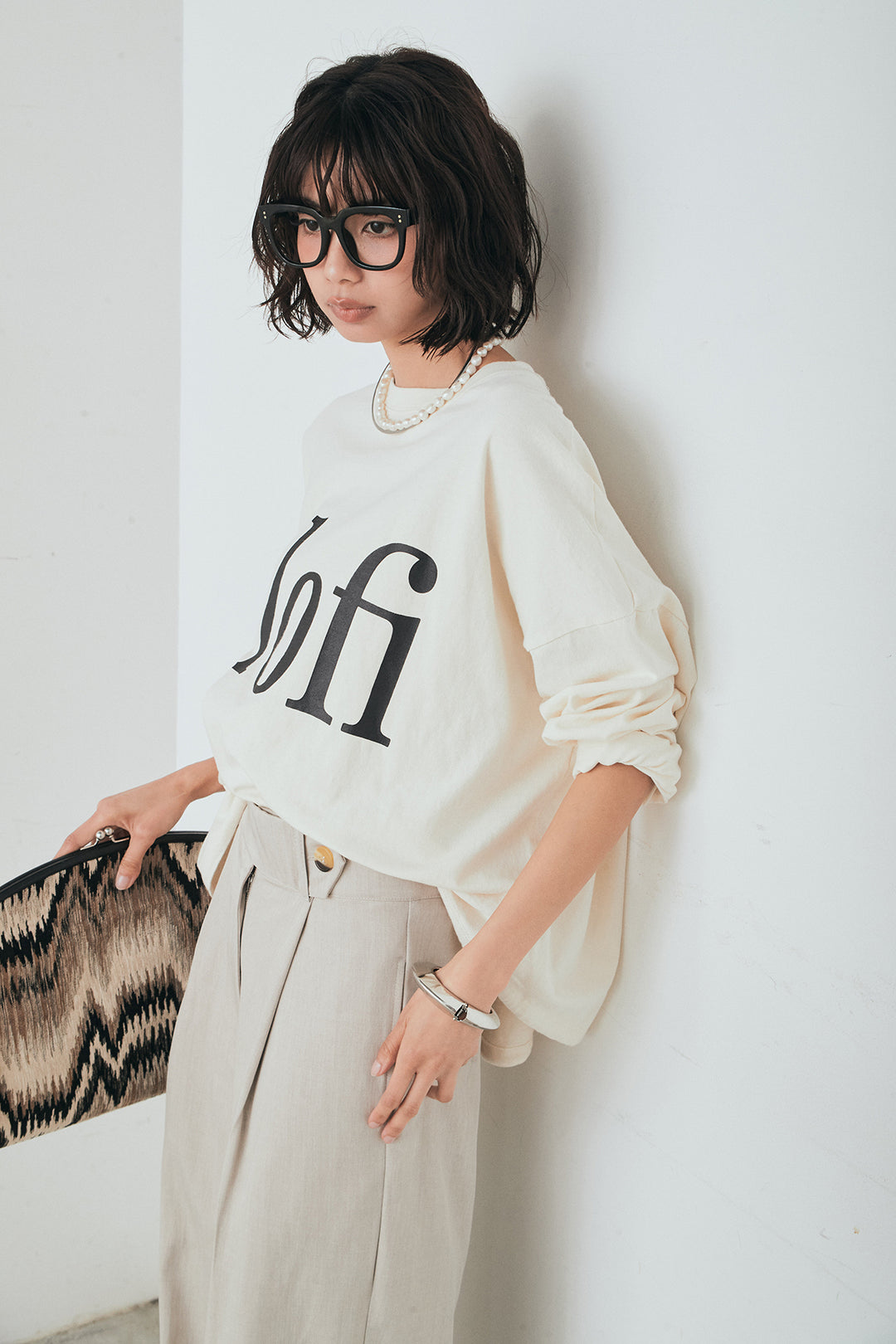 [SET]裾センタードロストロゴプリントワイドTシャツ+センタープレスセミワイドパンツ(2set)