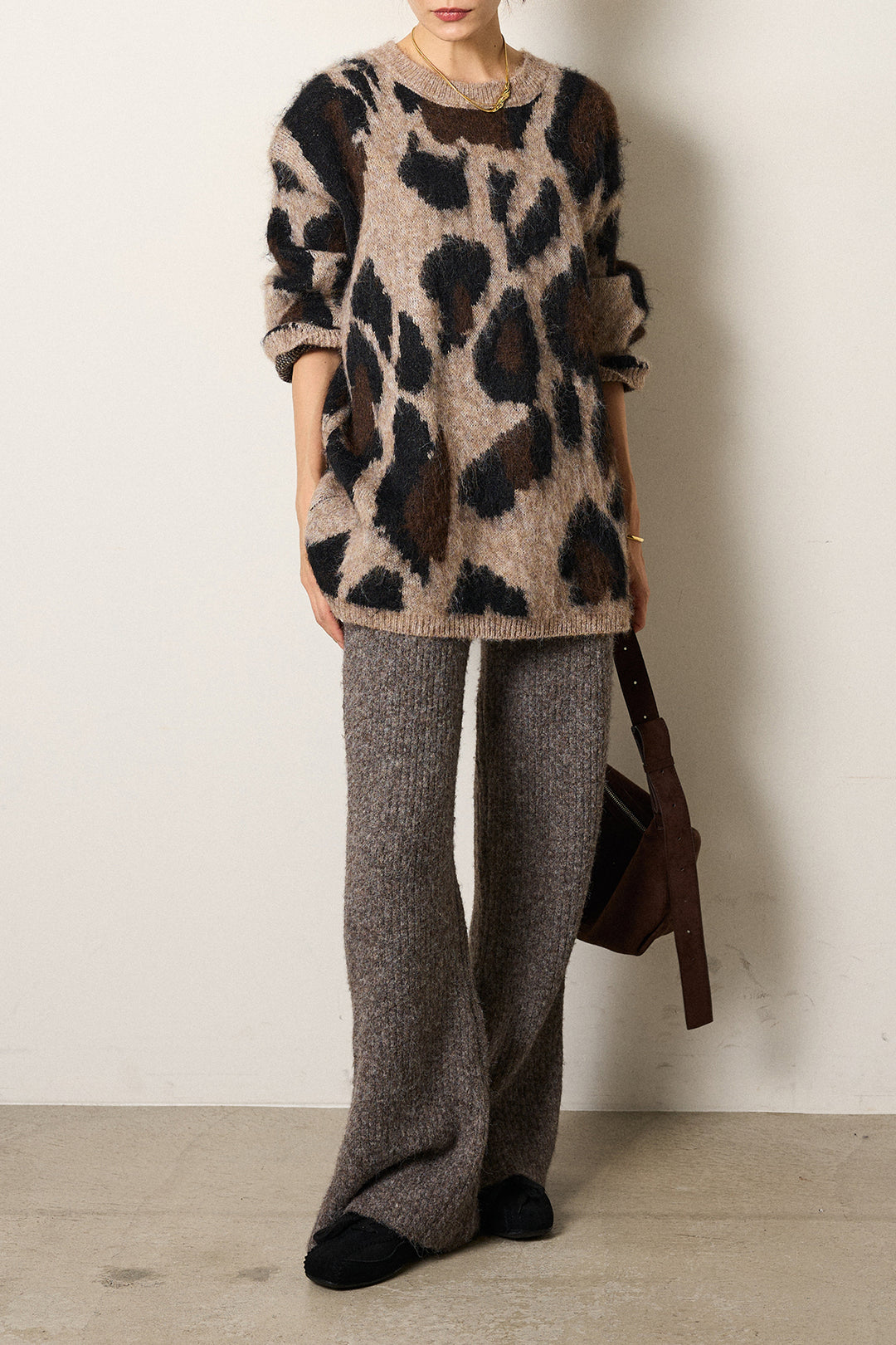 [SET]ルーズアニマルモヘアニットトップス+杢ニットリブフレアパンツ(2set)