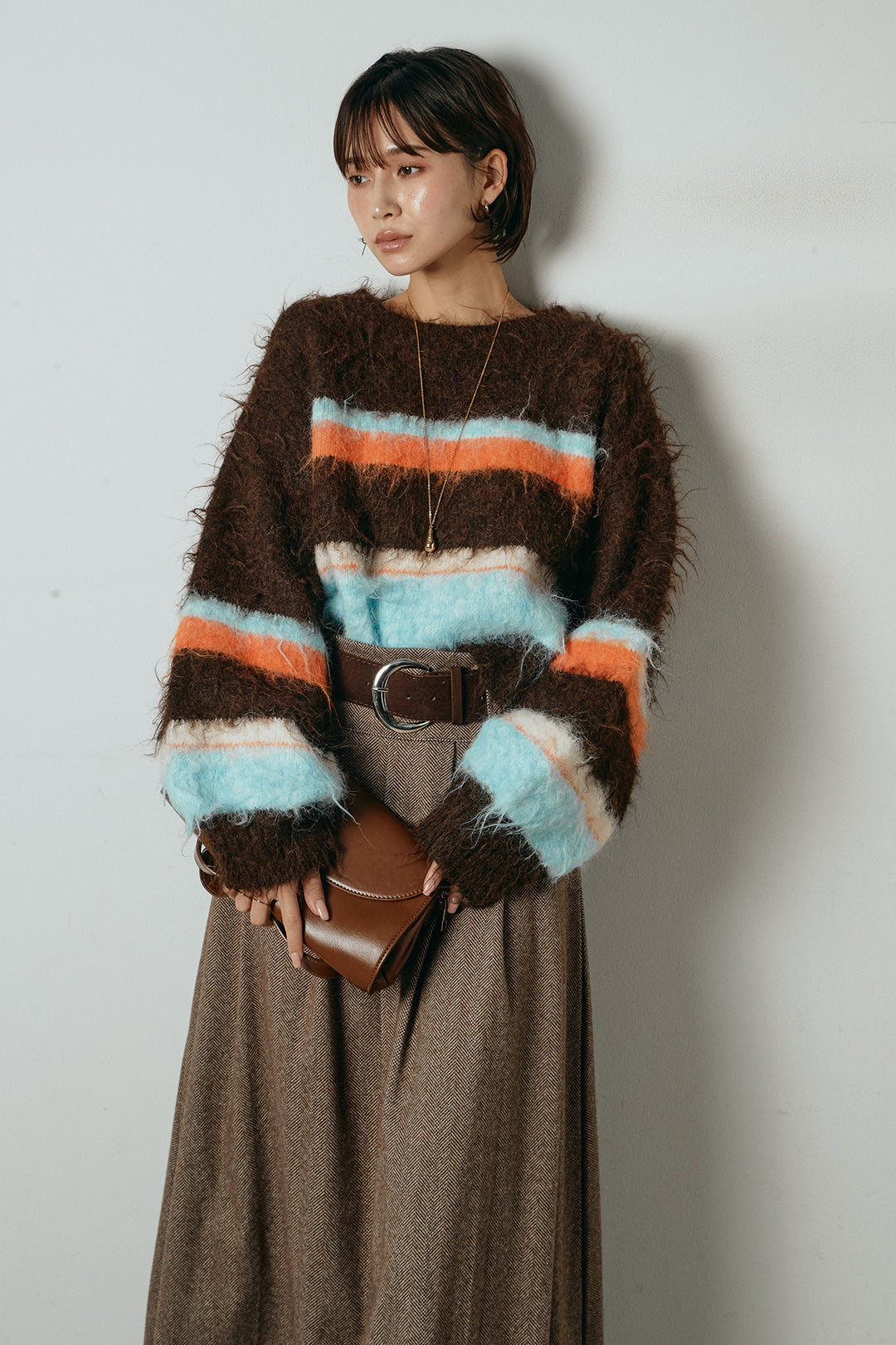 [SET]起毛配色マルチボーダーニットトップス+太ベルト付きヘリンボーンプリーツスカート(2set)