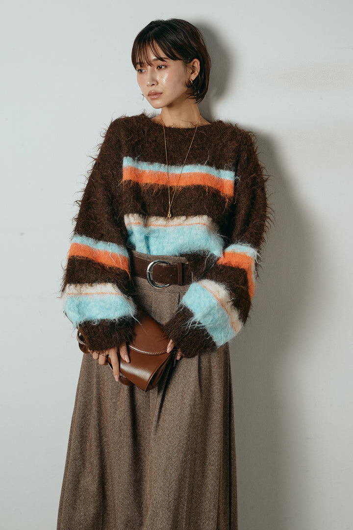 [SET]起毛配色マルチボーダーニットトップス+太ベルト付きヘリンボーンプリーツスカート(2set)