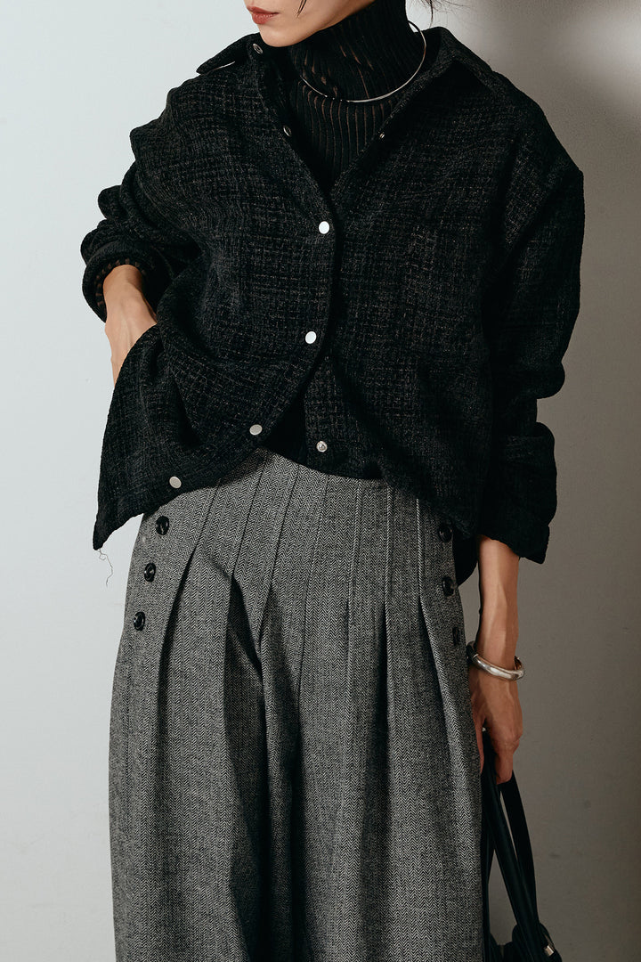 [SET]ルーズクラッシュツイルシャツ+リブニットシームレスタートルプルオーバー+サイドボタンツイードタックパンツ(3set)