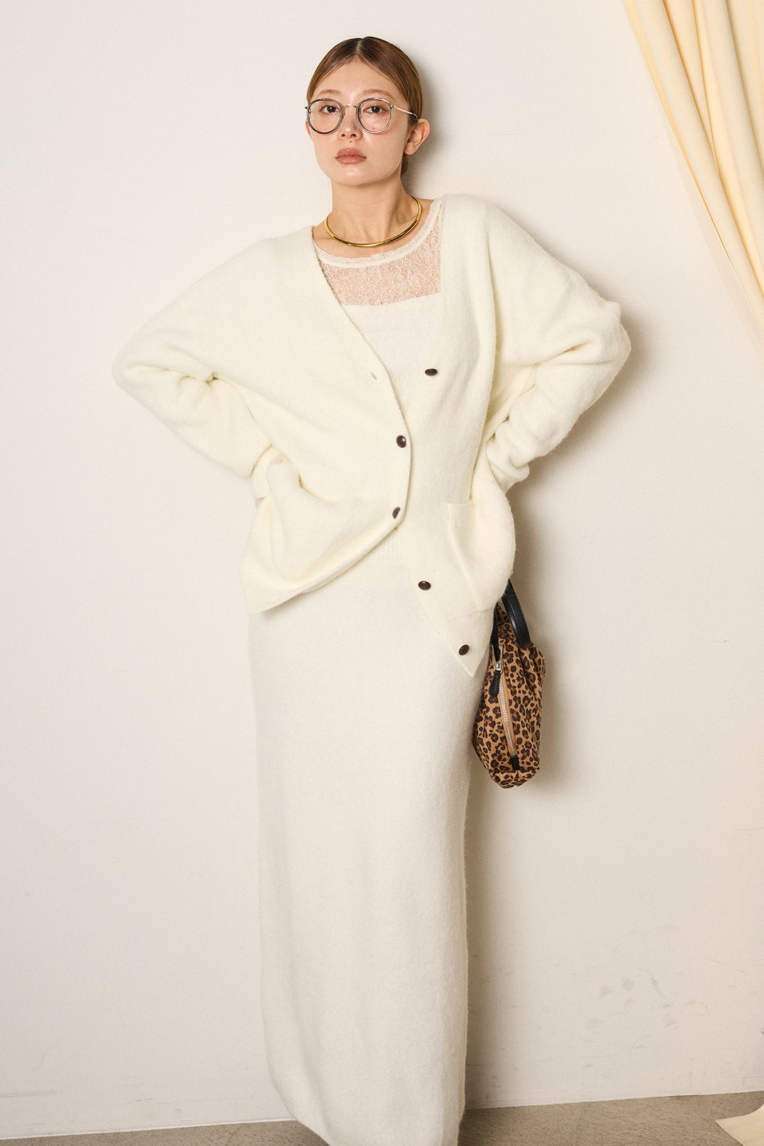 [SET]丸ボタン起毛ニットカーディガン+起毛ニットロングスカート(2set)