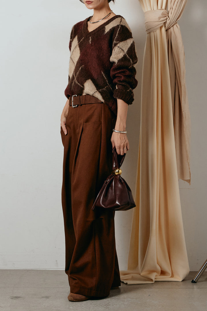 [SET]アクリルモヘアアーガイルVネックプルオーバー+太ベルト付きタックデザインワイドパンツ(2set)