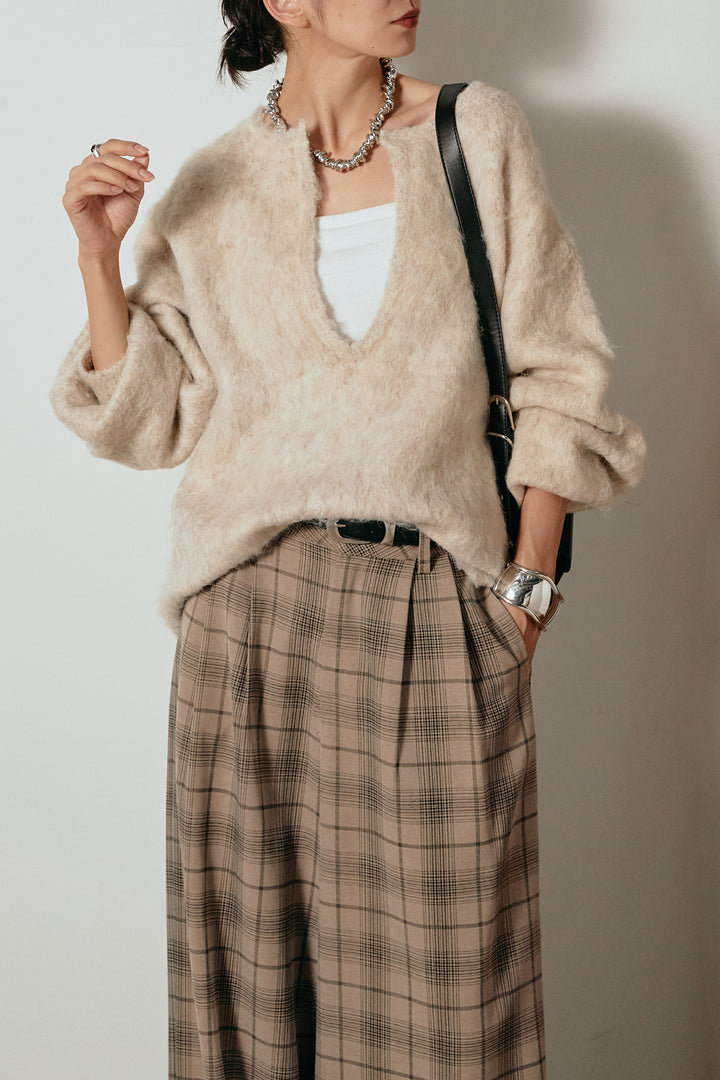 [SET]ミックスシャギー深Vニット+タック入りタータンチェックワイドパンツ(2set)