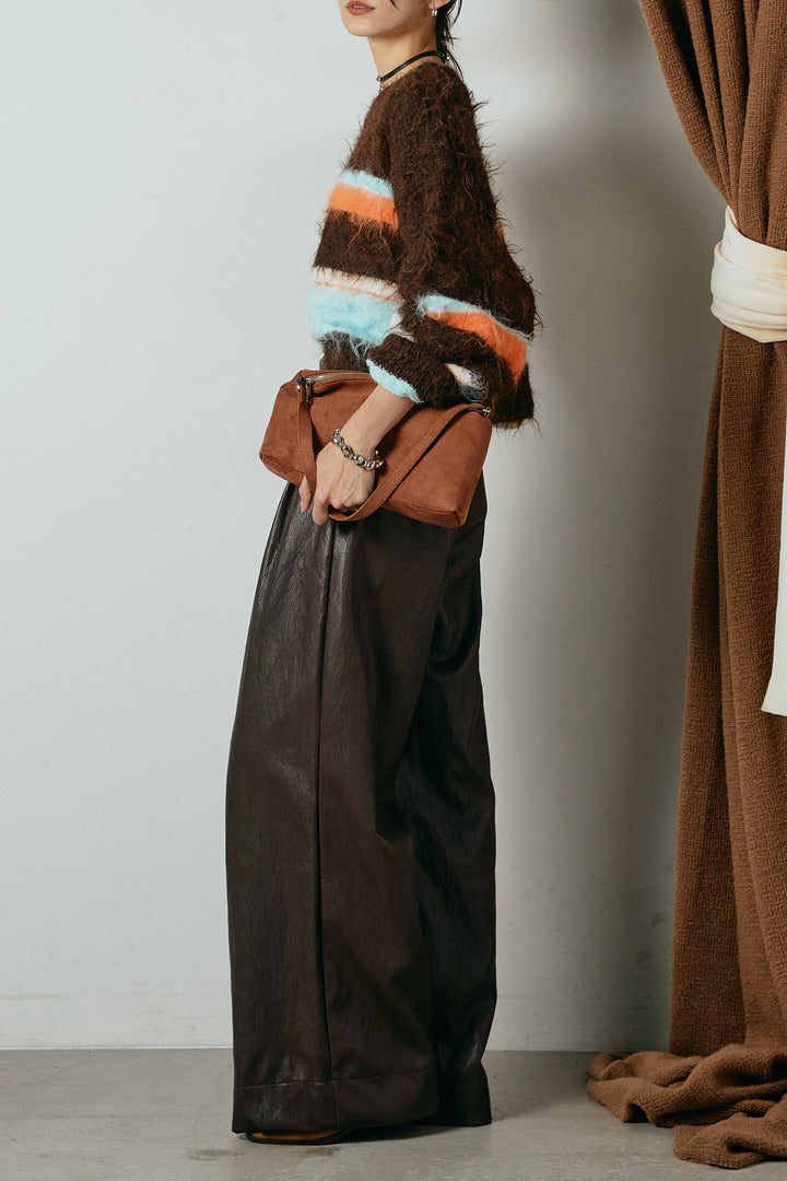 [SET]起毛配色マルチボーダーニットトップス+ベルト付きレザーライクタックパンツ(2set)