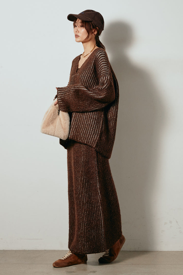 [SET]アルパカタッチ深Vニットトップス+アルパカタッチニットタイトスカート(2set)