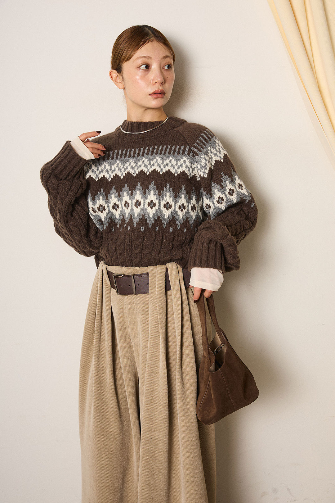 [SET]2WAY求心柄ジャガードショートカーディガン+2WAY袖コード刺繍クルーネックプルオーバー(2set)