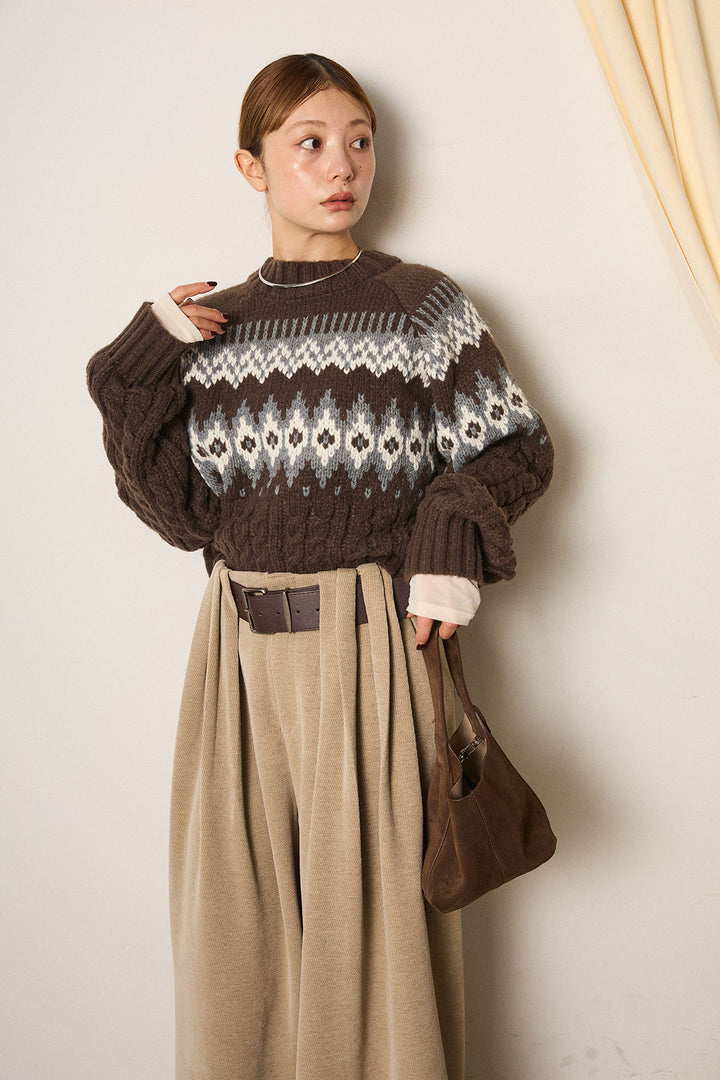 [SET]2WAY求心柄ジャガードショートカーディガン+2WAY袖コード刺繍クルーネックプルオーバー(2set)