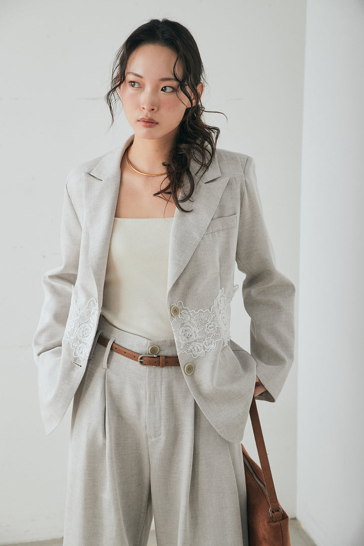 [SET]リネンタッチレースデザインジャケット+リネンタッチ細ベルト付きワイドパンツ(2set)