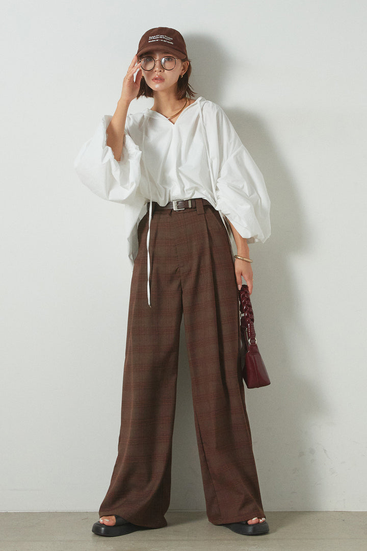 [SET]ネック絞りボリュームスリーブブラウス+フェイクレザーベルト付きタータンチェックパンツ(2set)