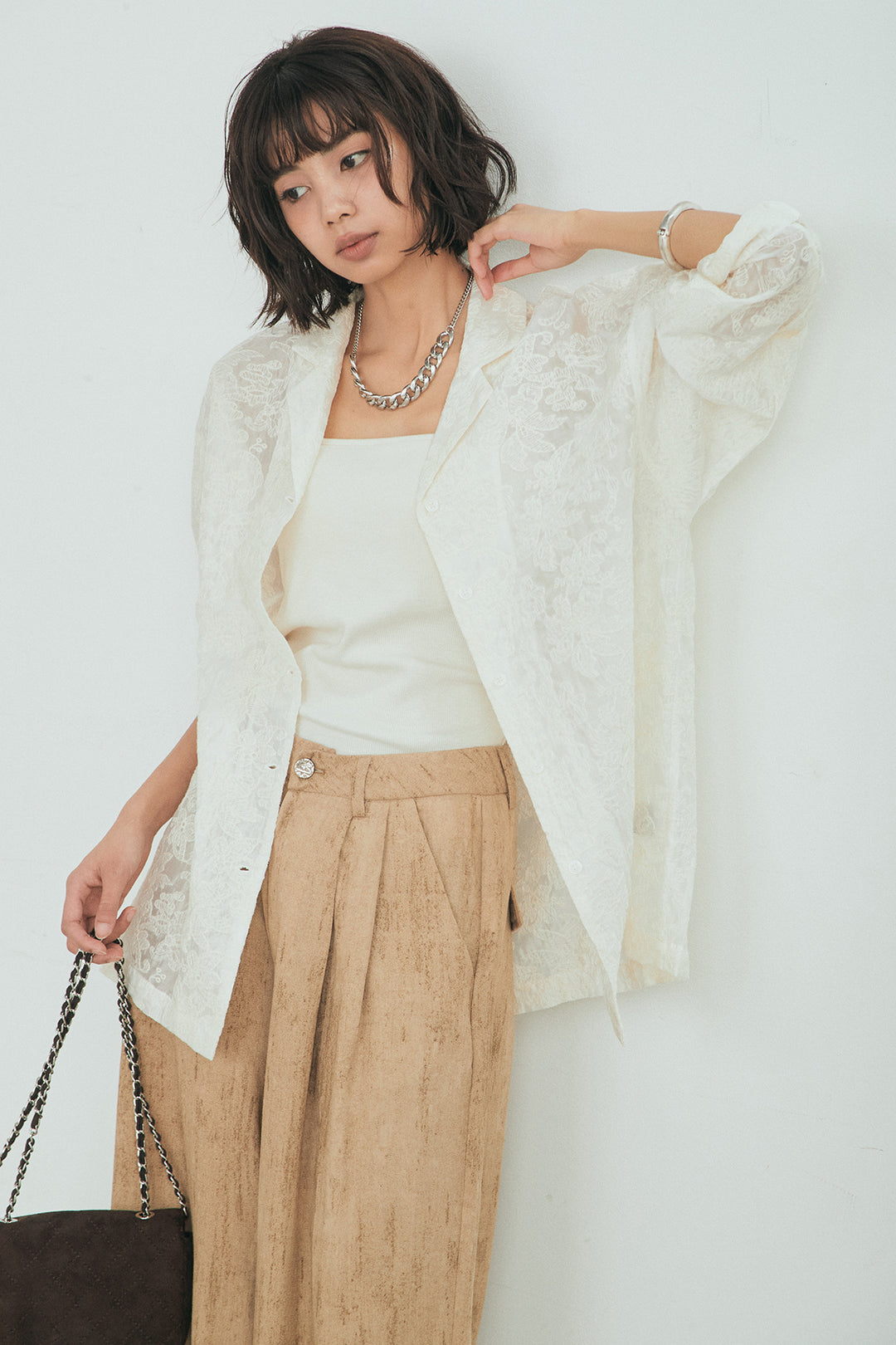 [SET]刺繍シアーオープンカラーシャツ+リネン混かすれ柄ワイドパンツ(2set)