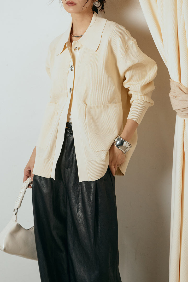 [SET]メタル釦衿付きニットカーディガン+ベルト付きレザーライクタックパンツ(2set)