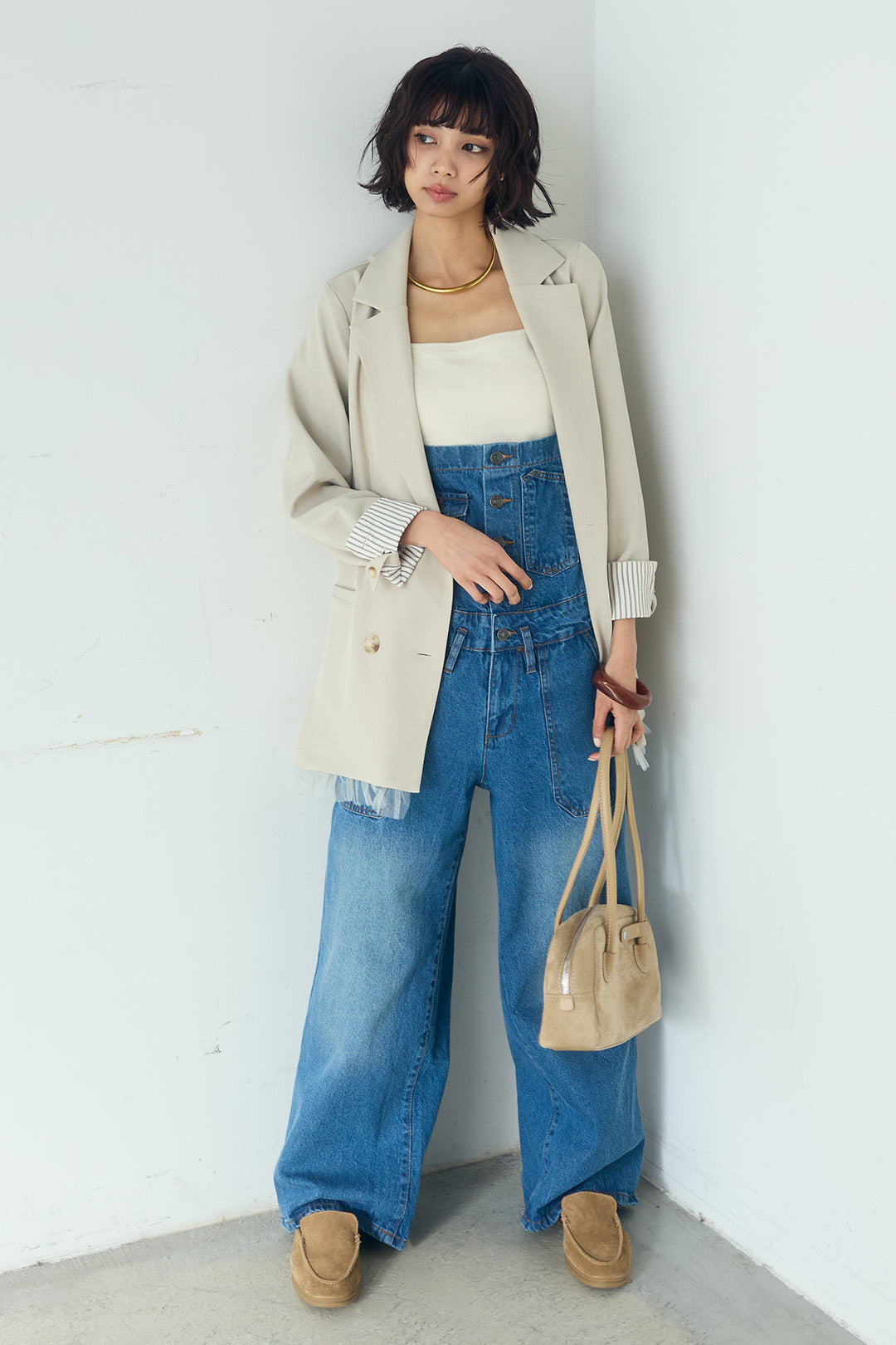 [SET]裾フリルダブルジャケット+デニムサロペットワイドパンツ(2set)