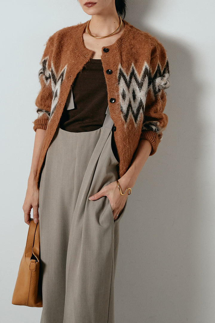 [SET]起毛ノルディック柄ニットカーディガン+ワイドツイルサロペット(2set)