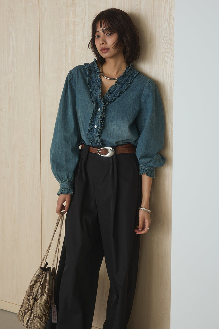 [SET]Vネックデニムフリルトップス+ベルトループデザインハイウエストタックパンツ(2set)