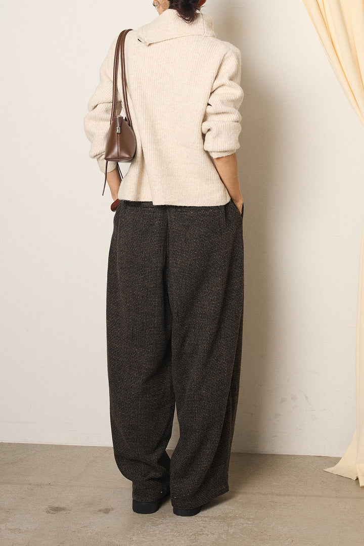 [SET]ボタンデザインネックニットプルオーバー+起毛タック入りツイードワイドパンツ(2set)