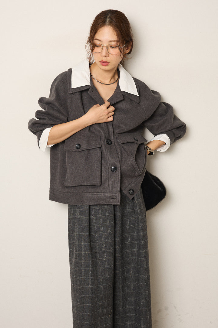 [SET]衿レイヤードフェイクウールジャケット+ウールライクチェックタックパンツ(2set)