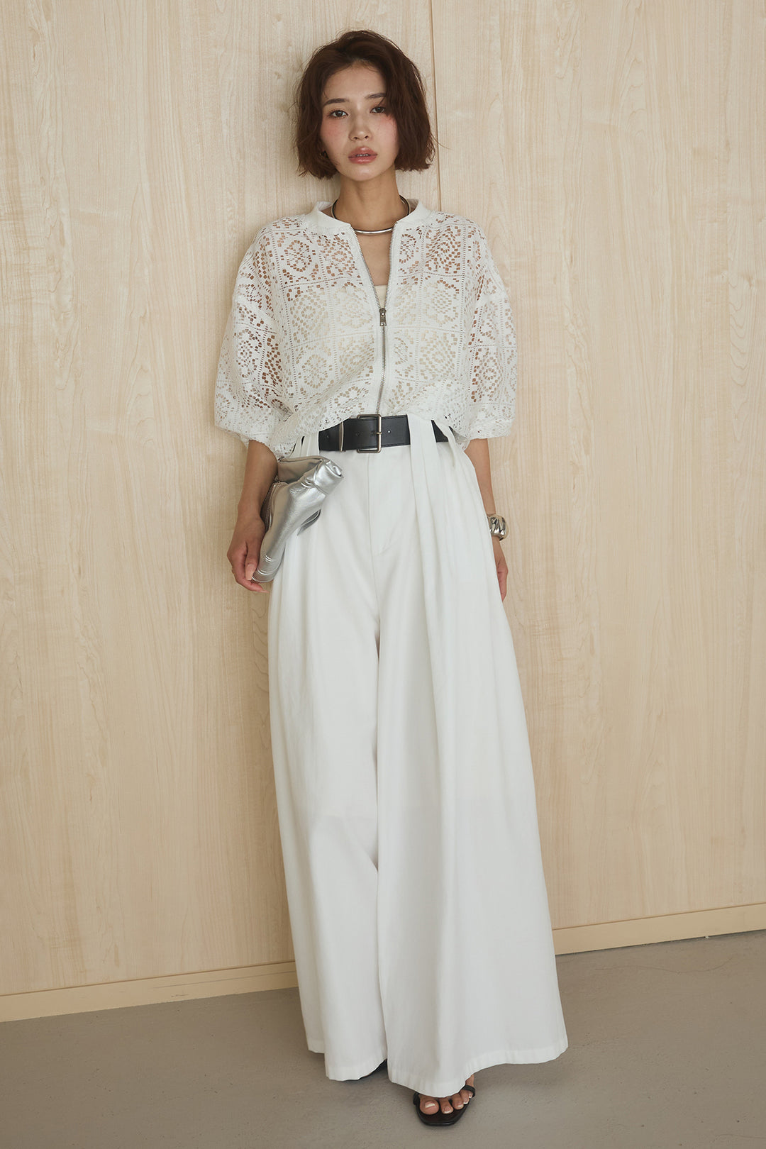 [SET]幾何レースブルゾン+ベルト付きビックループワイドパンツ(2set)