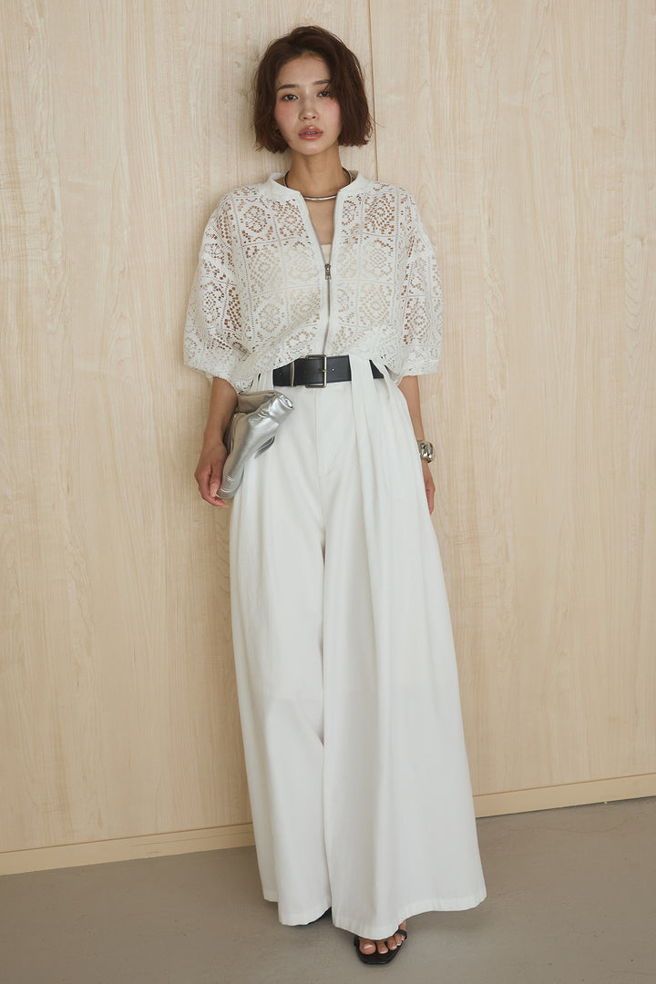 [SET]幾何レースブルゾン+ベルト付きビックループワイドパンツ(2set)