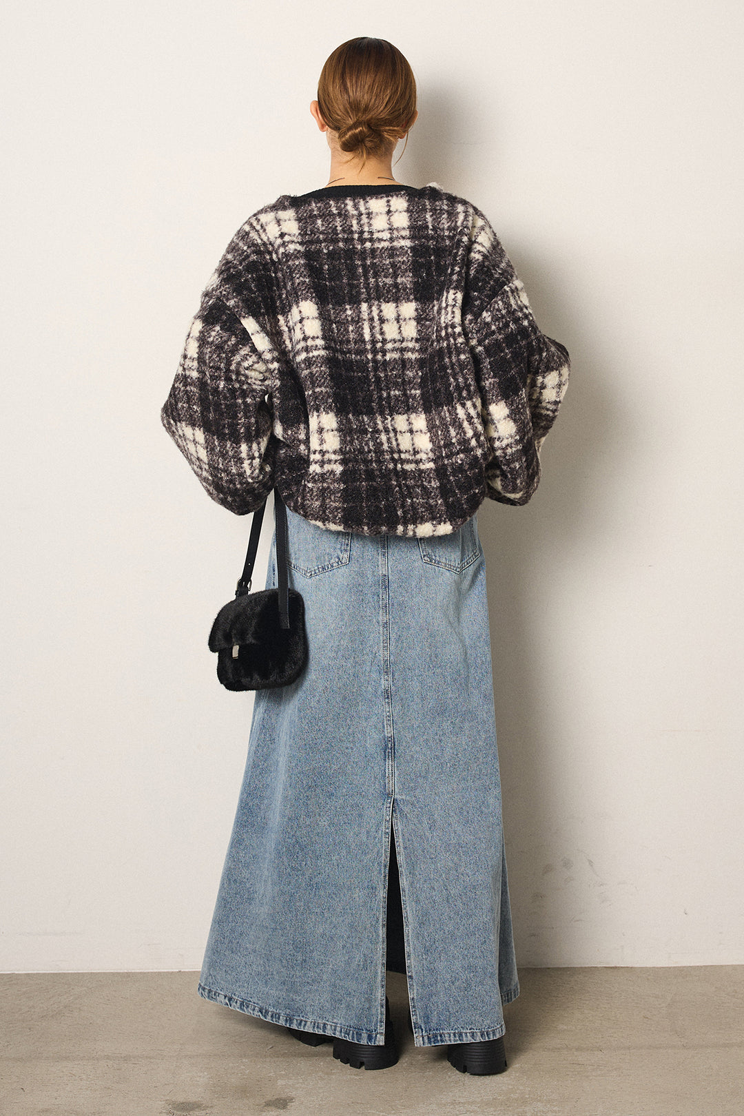 [SET]ノーカラーチェック柄ボアブルゾン+デニムロングフレアスカート(2set)