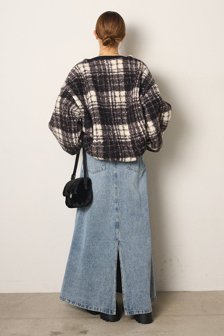 [SET]ノーカラーチェック柄ボアブルゾン+デニムロングフレアスカート(2set)