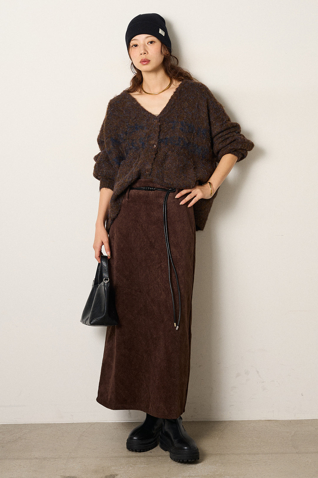 [SET]ウール混透かしロゴニットカーディガン+ロープベルト付きスウェード調スカート(2set)