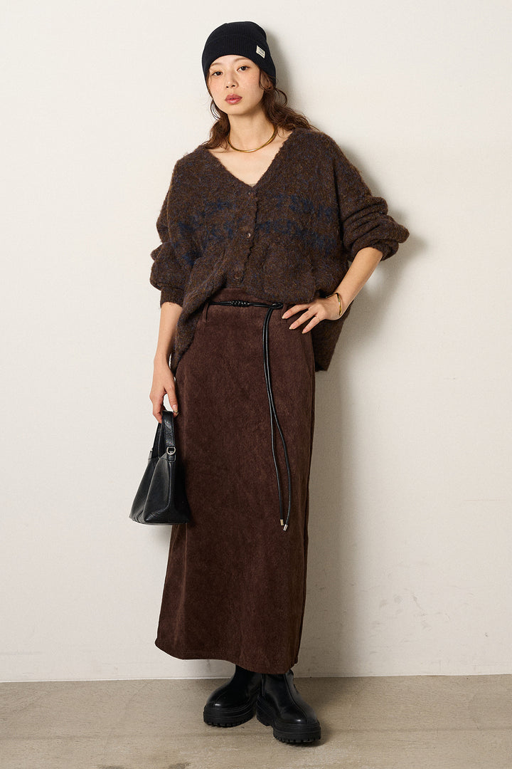 [SET]ウール混透かしロゴニットカーディガン+ロープベルト付きスウェード調スカート(2set)