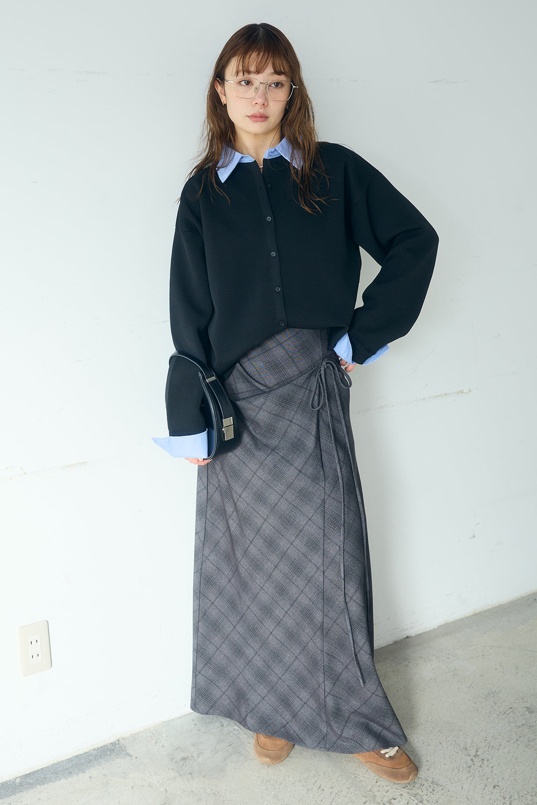 [SET]シャツレイヤード風カーディガン+タータンチェック柄フロントデザインスカート(2set)