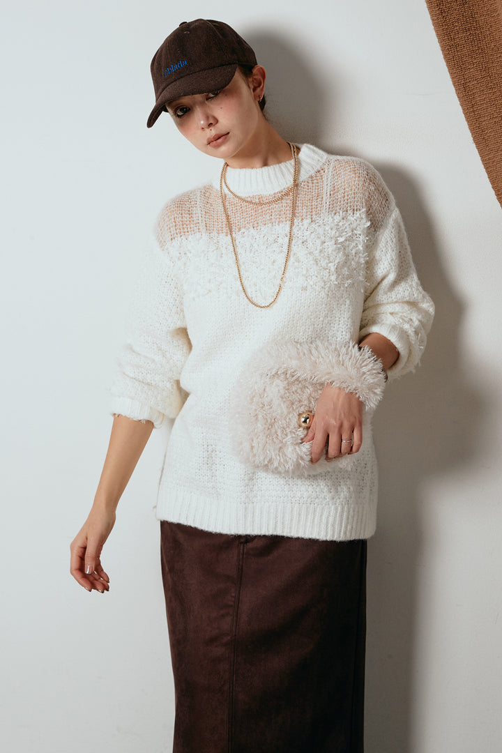 [SET]パターンランダム編みニットトップス+スウェードライク裾フリンジスカート(2set)