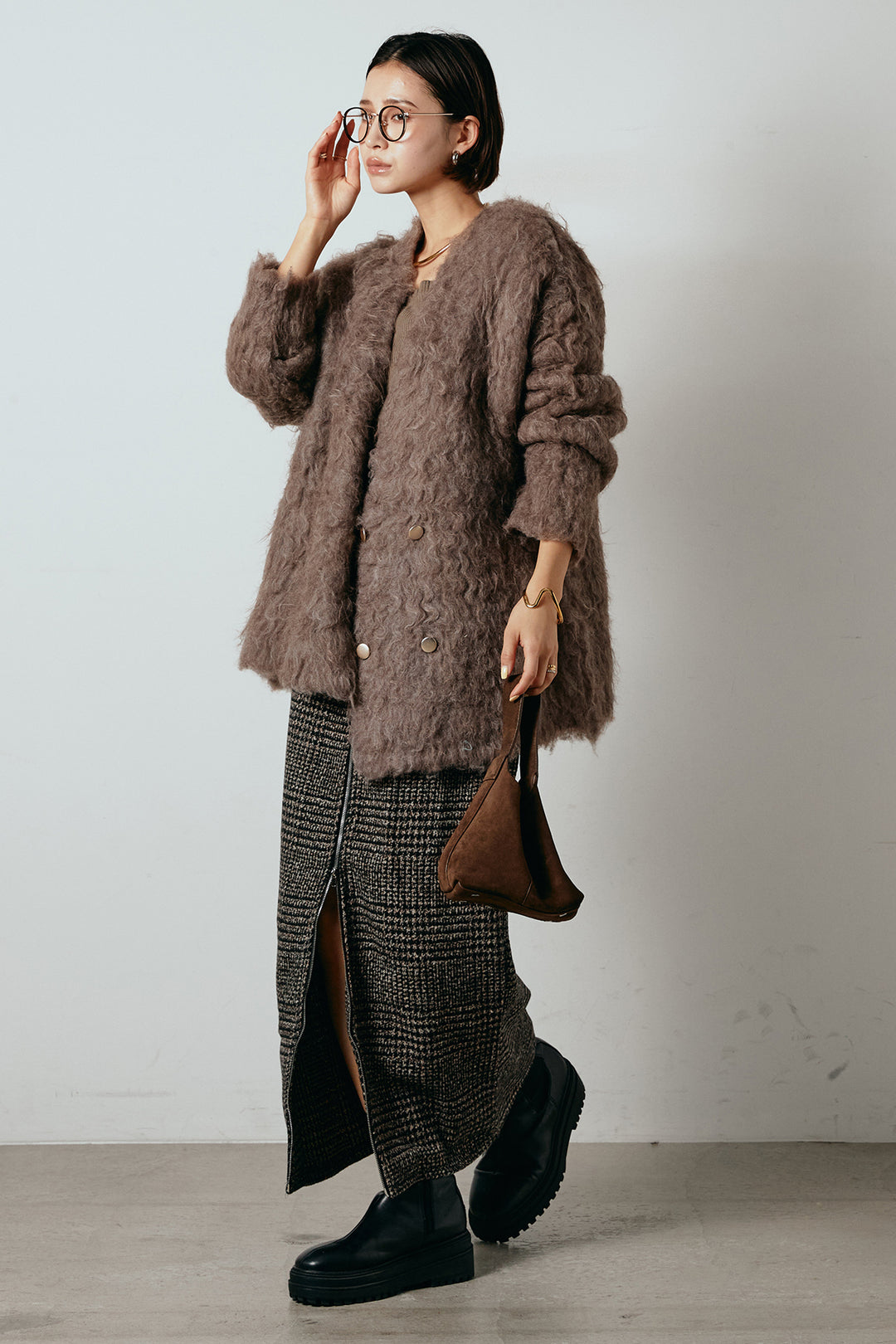 [SET]ウェーブシャギーニットジャケット+グレンチェック柄フロントジップタイトスカート(2set)