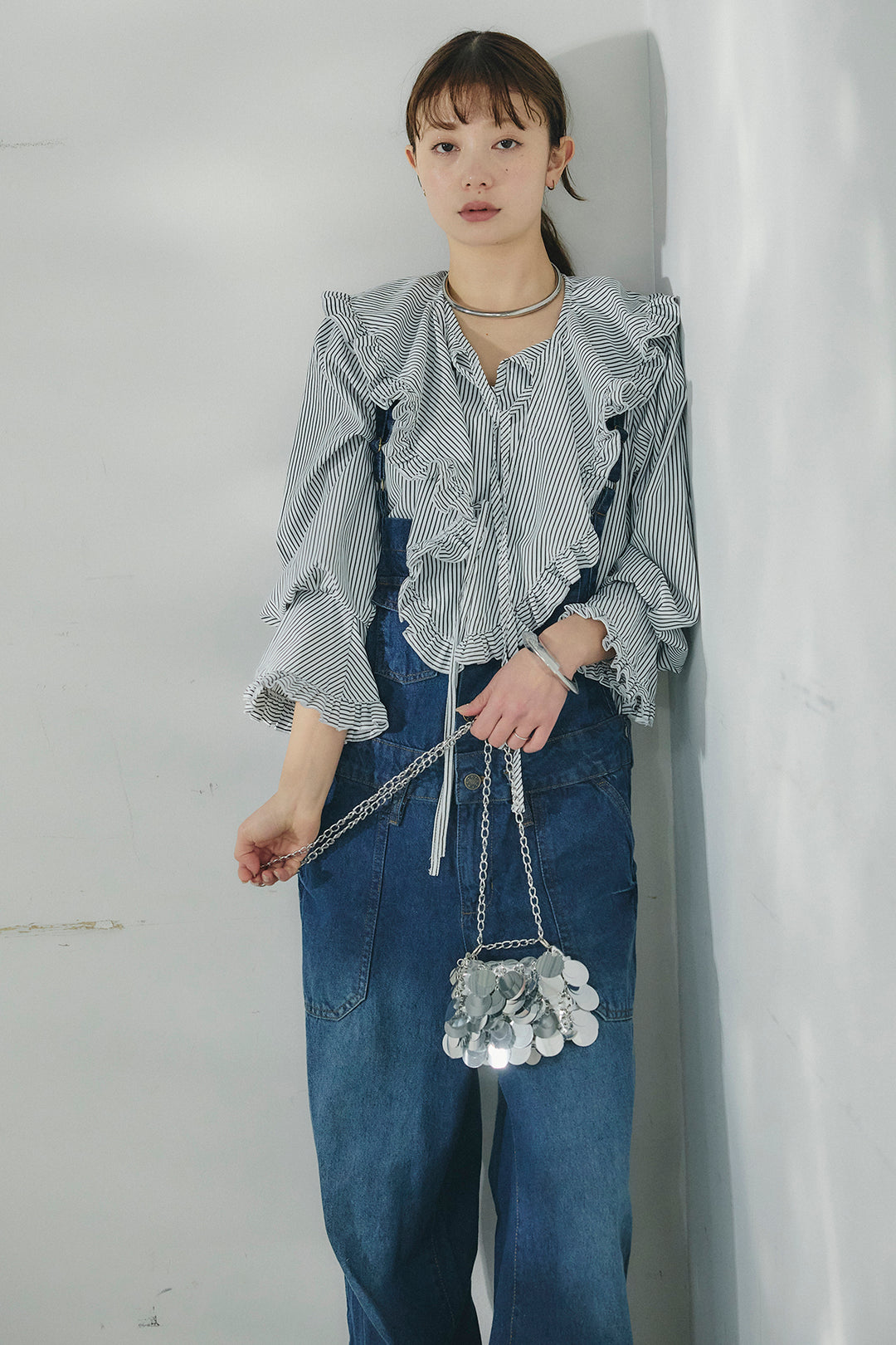 [SET]コットンフリルブラウス+デニムサロペットワイドパンツ(2set)