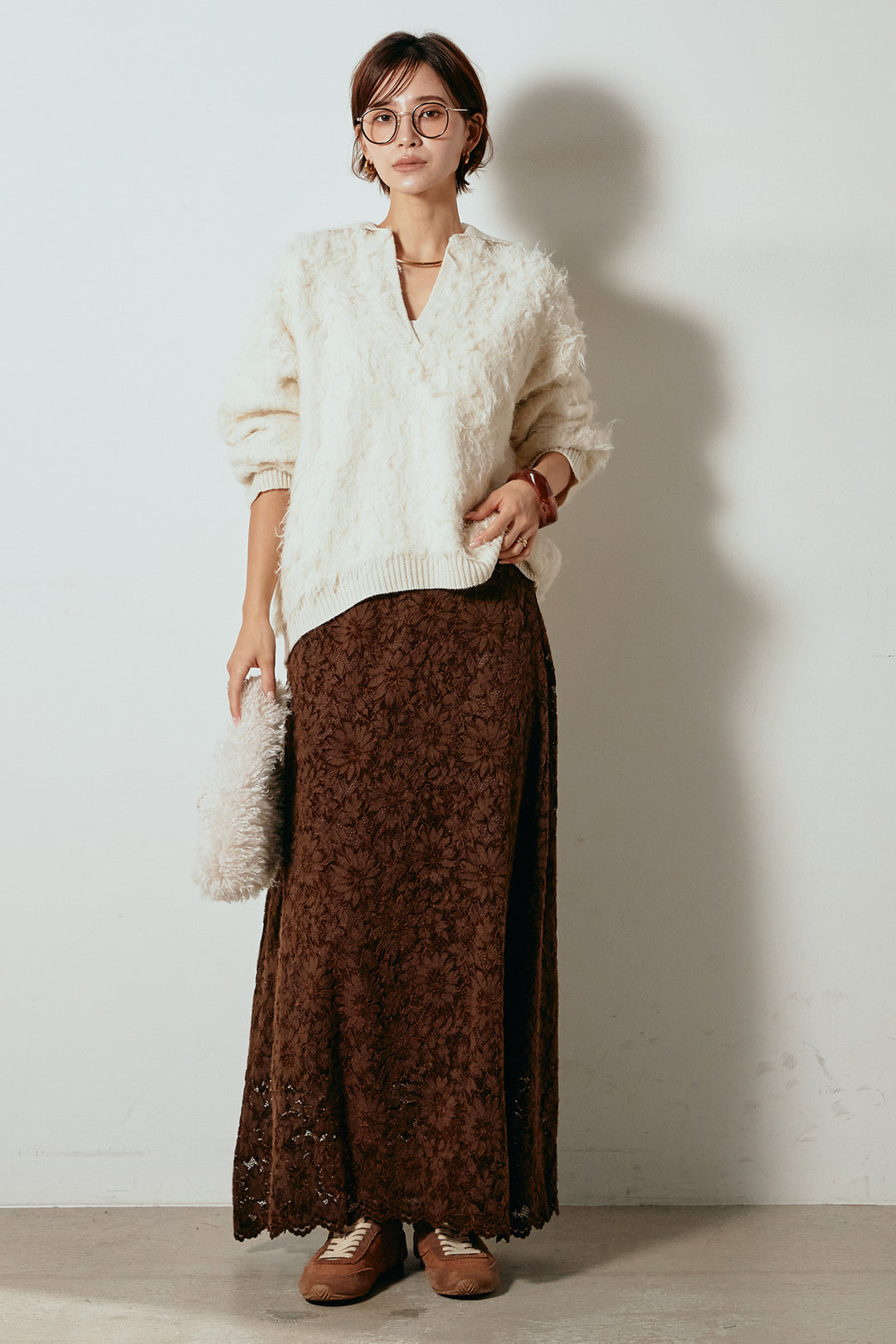 [SET]襟付きシャギーニットポロトップス+花柄刺繍ベロアフレアスカート(2set)