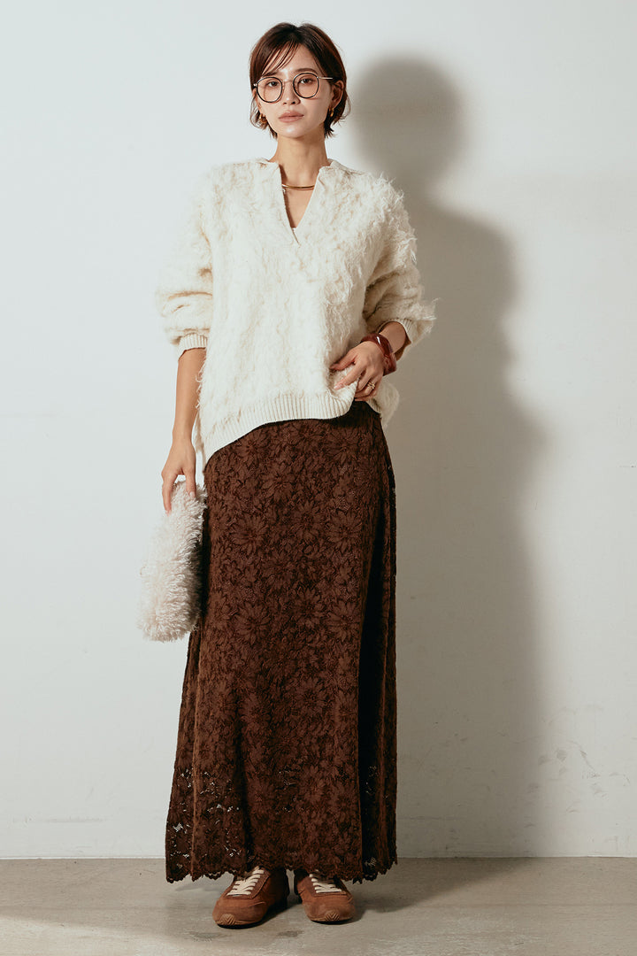 [SET]襟付きシャギーニットポロトップス+花柄刺繍ベロアフレアスカート(2set)