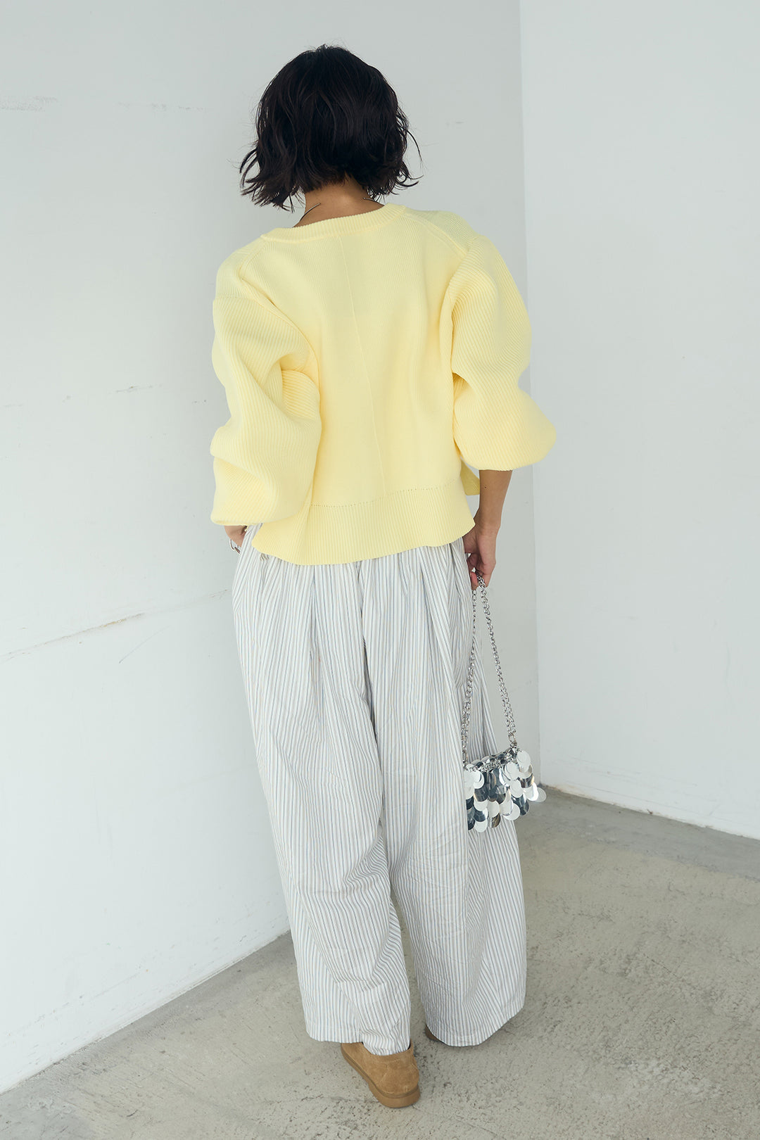 [SET]スポンディッシュBIGボタンクルーネックカーディガン+ランダムストライプタックギャザーパンツ(2set)