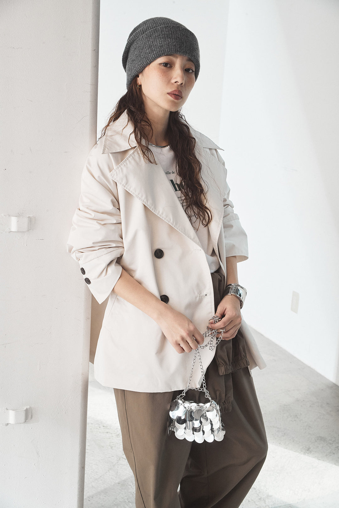 [SET]ナイロントレンチコート+合繊ツイルスタンドウエスト巻きジョガーパンツ(2set)