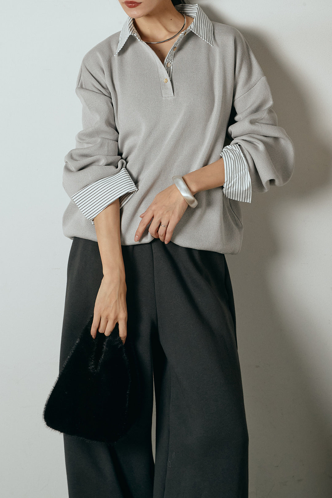 [SET]ストライプシャツドッキングポロトップス+裏起毛スウェットワイドパンツ(2set)