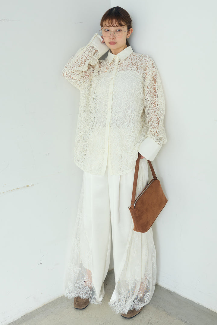 [SET]刺繍レースオーバーサイズシャツ+サテンレース切り替えタックパンツ(2set)
