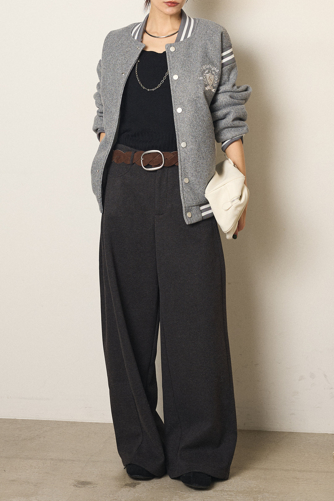 [SET]ワンポイントデザインブルゾン+編みベルト付きワイドパンツ(2set)
