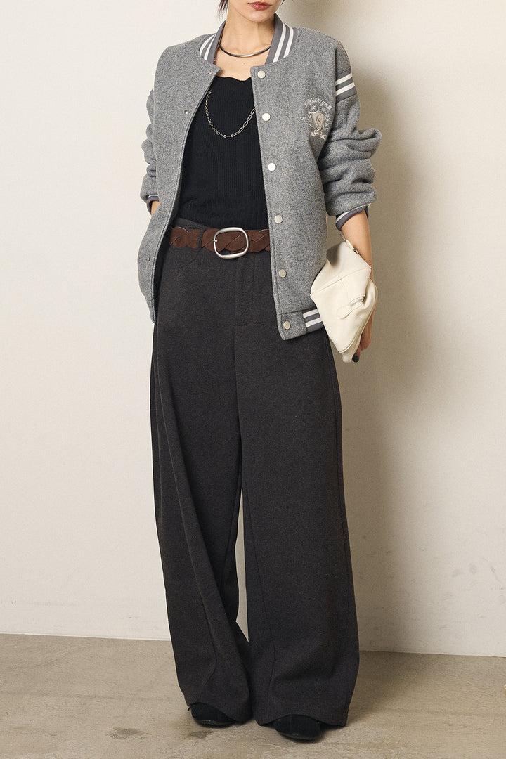 [SET]ワンポイントデザインブルゾン+編みベルト付きワイドパンツ(2set)