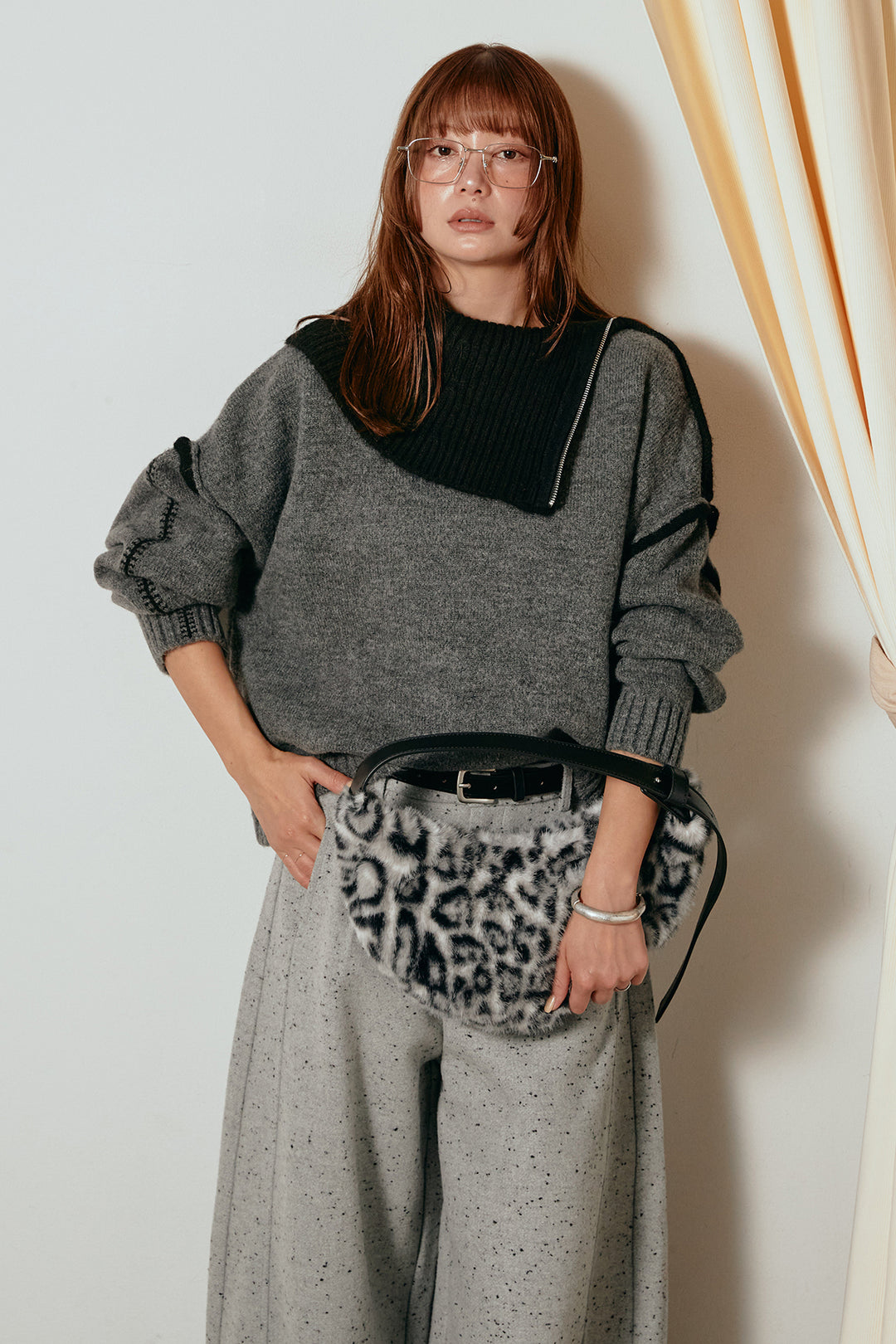 [SET]ハイネックジップデザインニットトップス+ベルト付きネップツイードカーブパンツ(2set)