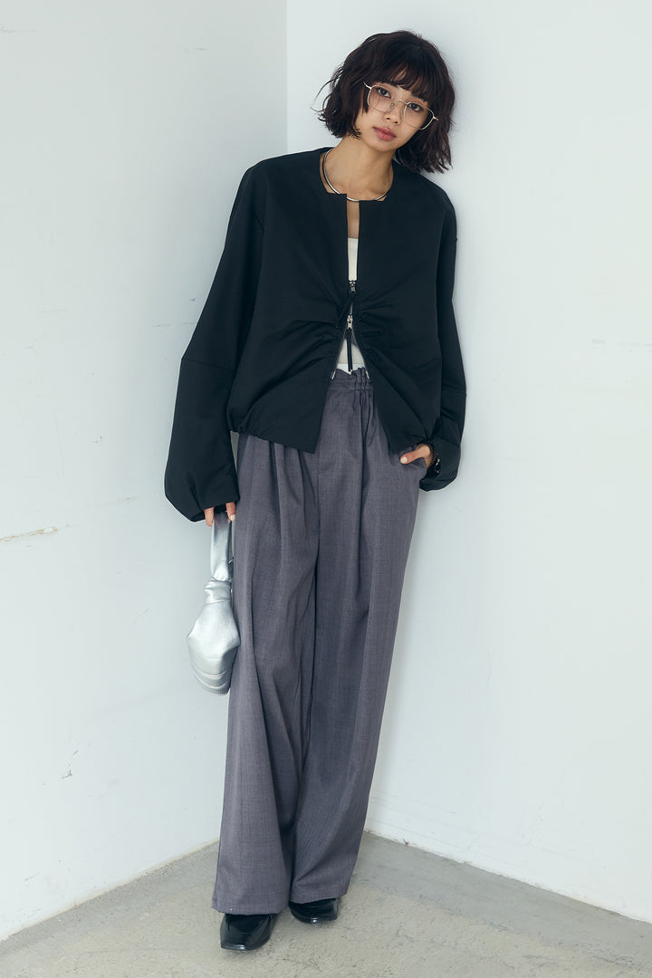 [SET]ノーカラーフロントギャザージップアウター+ツイルメニータックパンツ(2set)