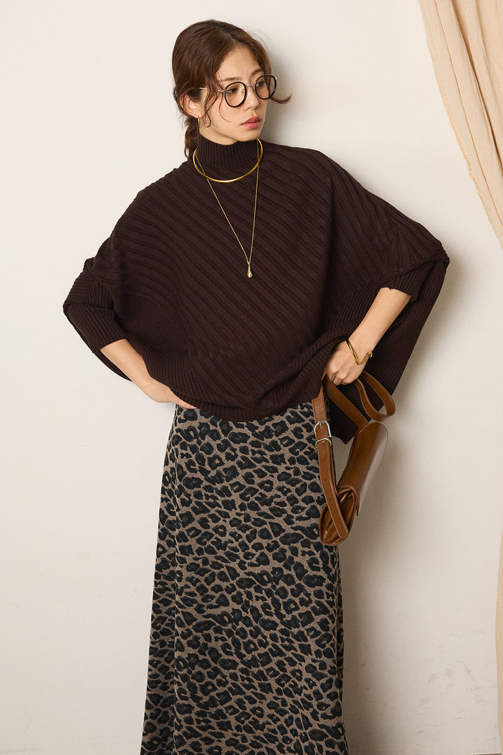 [SET]アシメデザインリブポンチョニットトップス+レオパードロングスカート(2set)
