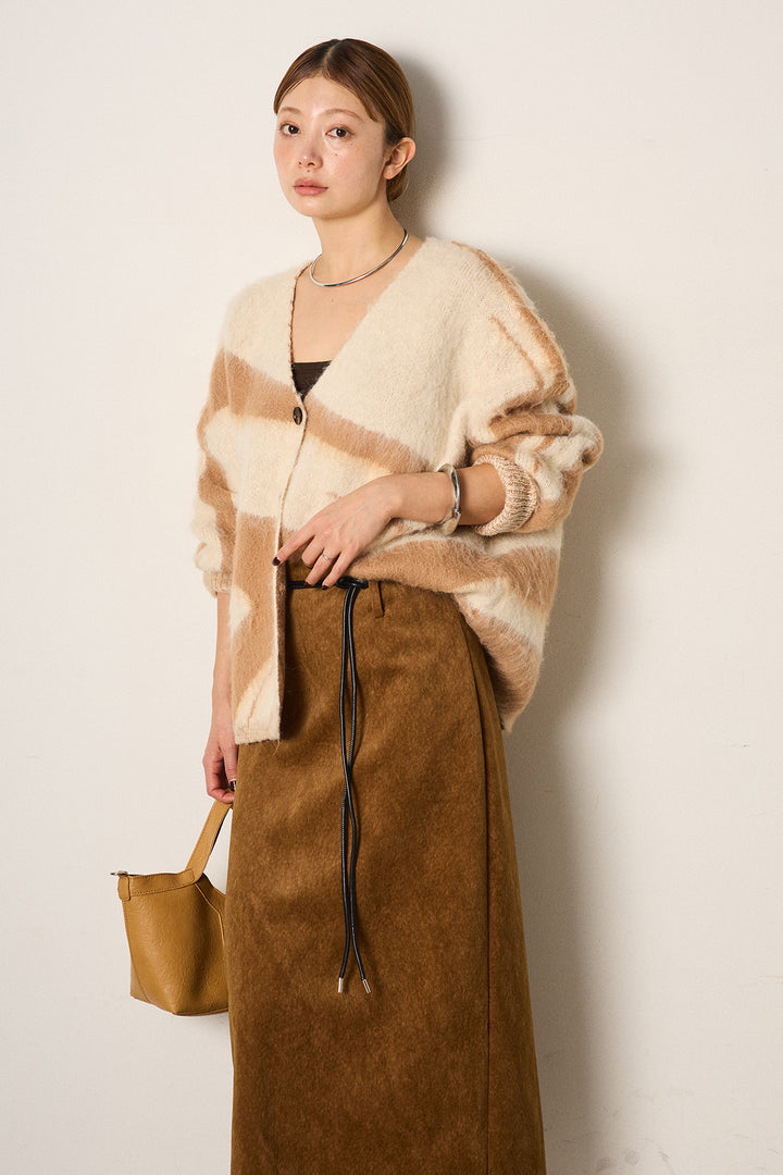 [SET]アクセントブラッシュドカーディガン+ロープベルト付きスウェード調スカート(2set)