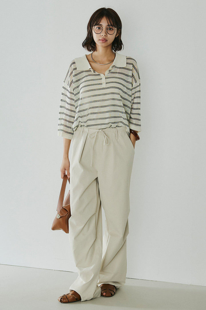 [SET]ボーダーニットポロシャツ+ニーサイドタックウエストドロスパンツ(2set)