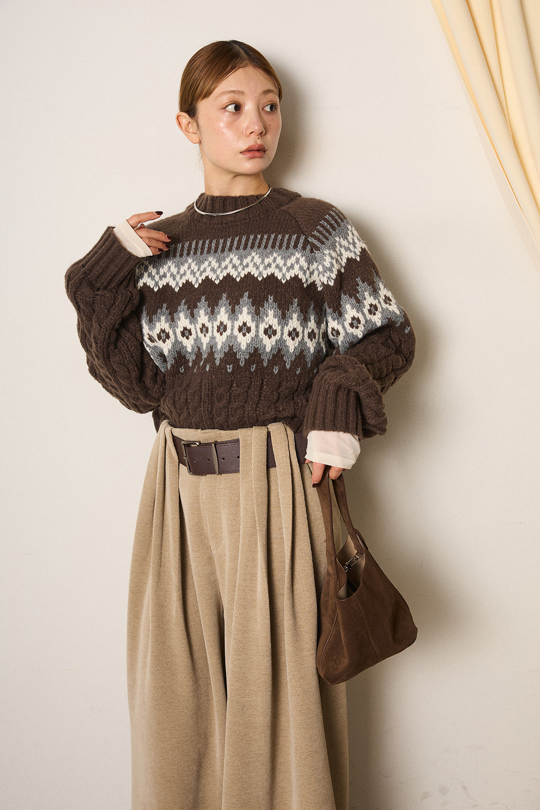 [SET]2WAY求心柄ジャガードショートカーディガン+ベルトループコーデュロイワイドパンツ(2set)