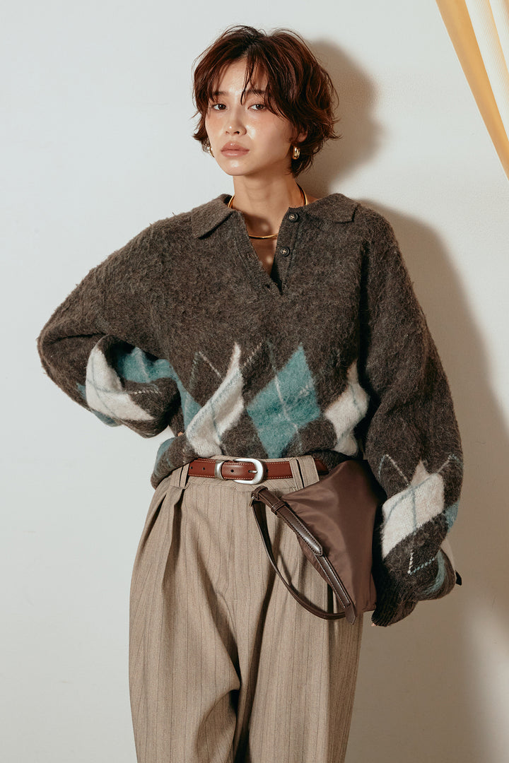 [SET]アーガイル柄ポロニットトップス+ストライプヘリンボーンパンツ(2set)